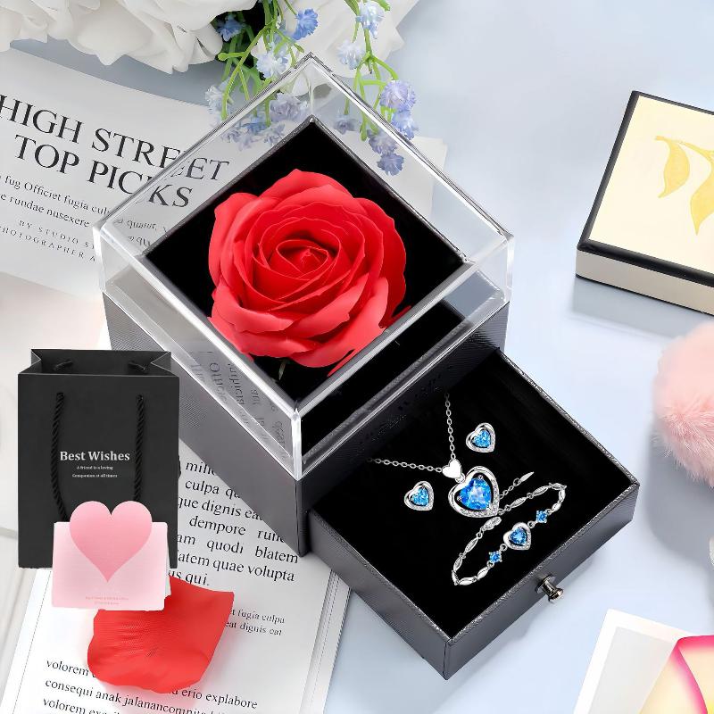 {YY28} 1 Set Heart-Shaped Necklace Bracelet Earrings With Artificial Rose Flower Gift Box For Valentine s Day Mother s Day