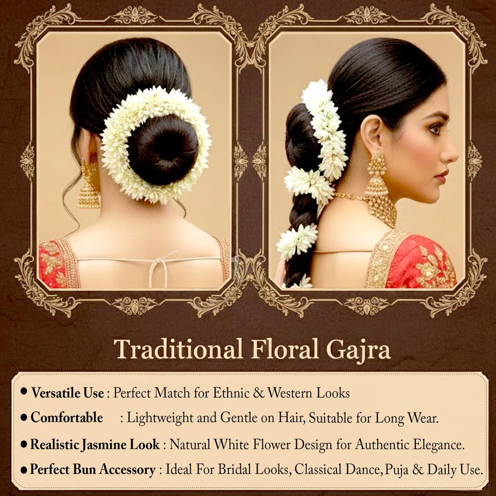 GLUN® Jasmine Flower Gajra for Hair Bun, Pack of 3 White Colour, Juda Hair Accessories for Women, Artificial Mogra Band