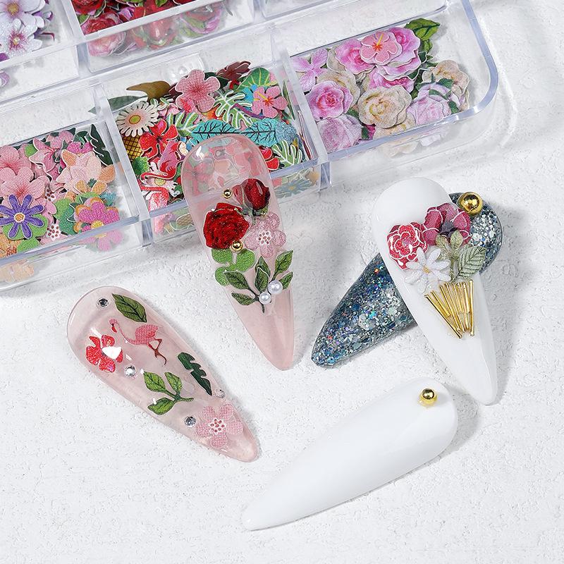 300-teiliges farbiges Blumen-Holzzellstoff-Nagelkunst-Set: Gänseblümchen, Sonnenblumen, Rosen, Blätter.