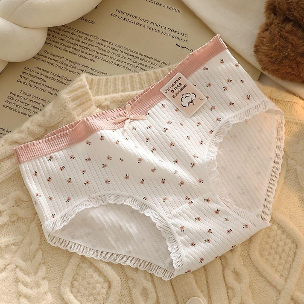5Pcs Cotton Crotch Lace Flower Panties Bowknot Underwear for Women Soft Sweet Floral Briefs  Gifts