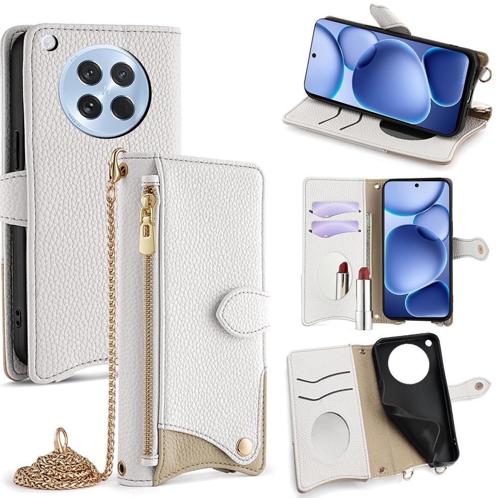 

For Oppo Find X8s 5G Leather Case Wallet Stand Cover Irregular Tail Style with Chain Strap White