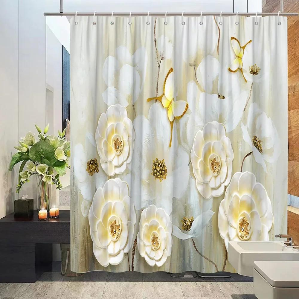 3D Embossed Flower Geometry Shower Curtain Vine Leaves Butterfly European Luxury Waterproof Bathroom Art Decor Hooks Curtains