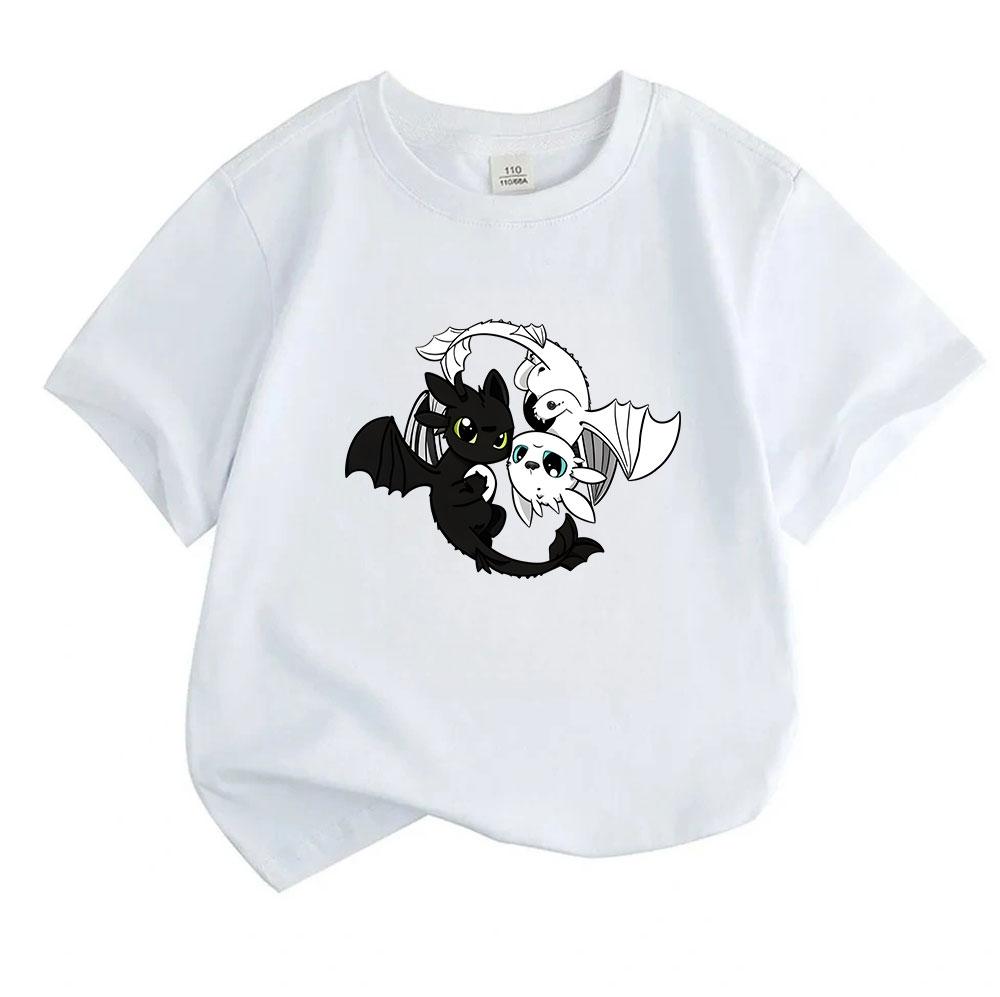 Kids Boys Girls 100% Cotton Crew Neck Short Sleeve T-Shirt, Cute Black White Dragon Pattern Casual Soft Summer Tee for Children Daily Wear