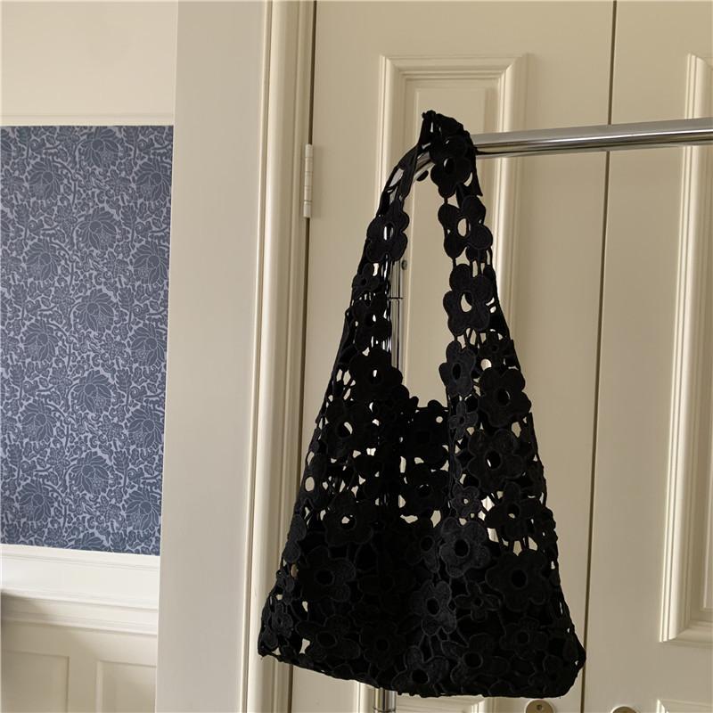 Yogodlns Lace Hollow Shoulder Bag for Women Summer Large Capacity Hook Flower Tote Bag