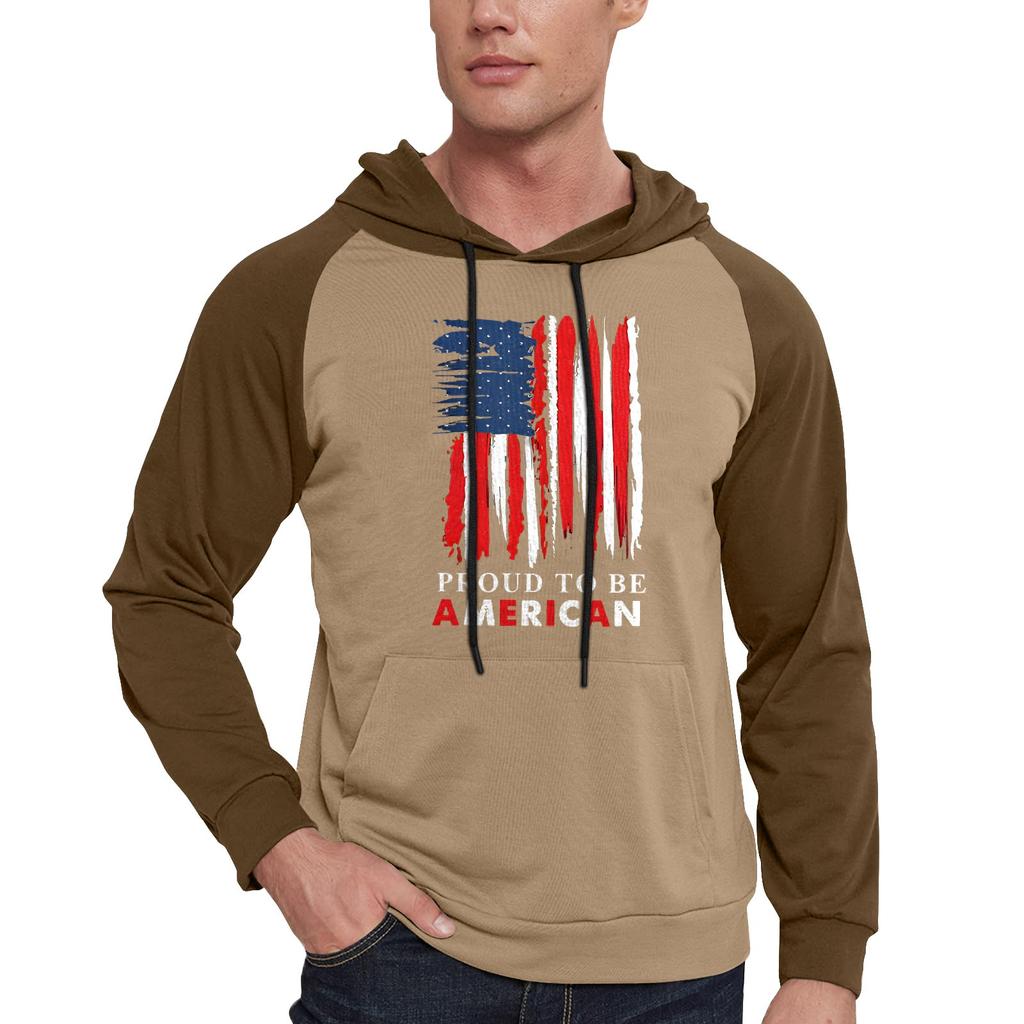 Men's Casual Hooded Drawstring Long Flag Print Sweatshirt With Pockets