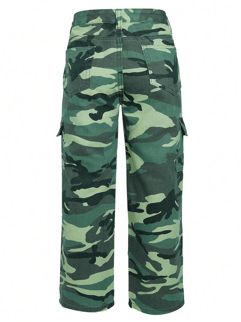 European-American Retro Women's High Waist Camouflage Cargo Pants with Wide Legs and Turn-Up Pockets - Style 8115