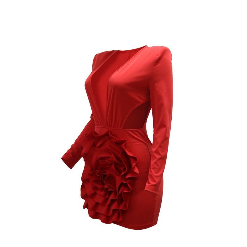 Women's Fashion Sexy V-neck Solid Color Dress Package Hip Long Sleeve Short Evening Dress