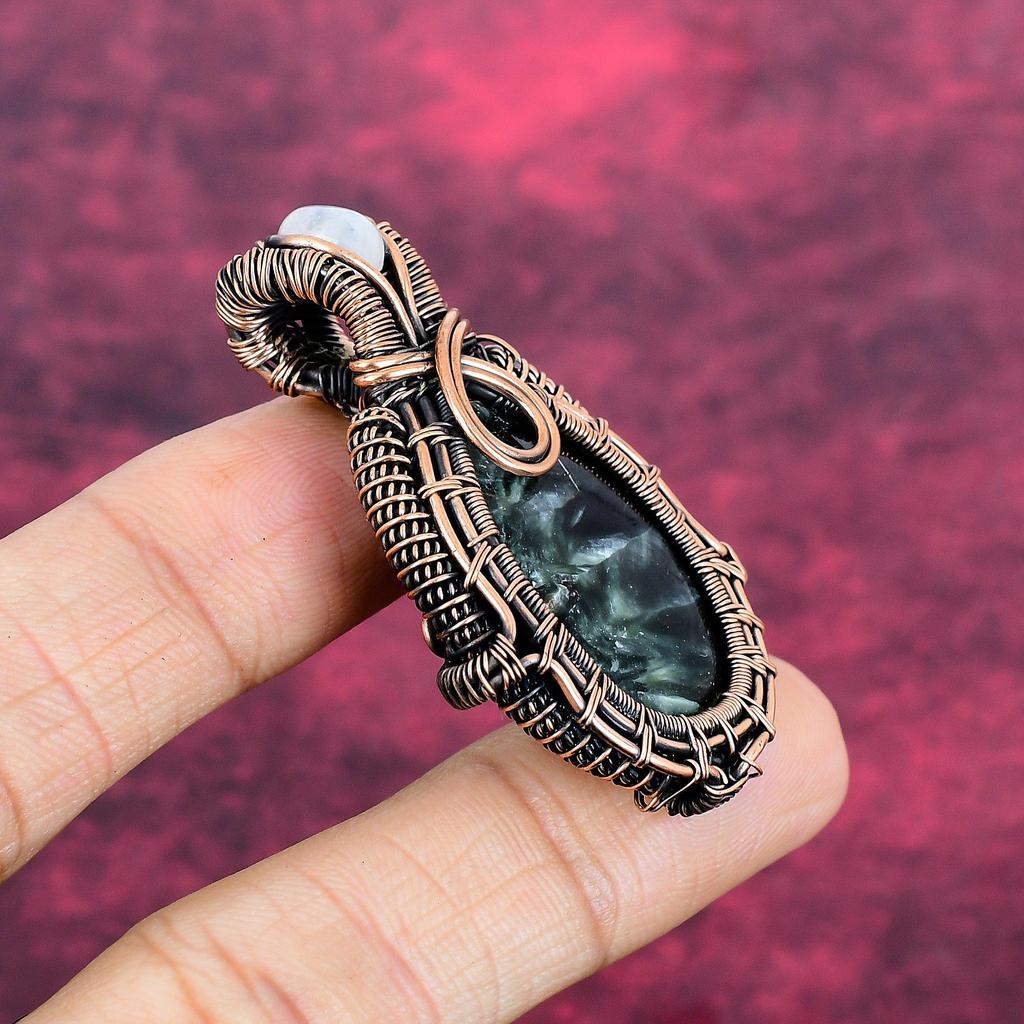 Seraphinite Gemstone Pendant Copper Wire Wrapped Jewelry Rainbow Moonstone Pendant