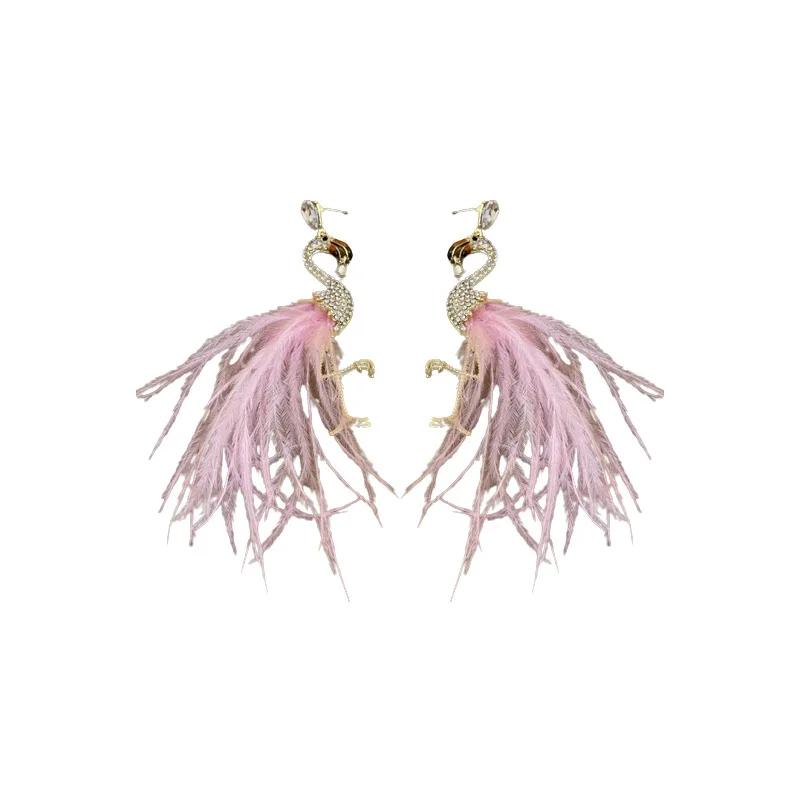 Pink Feather Flamingo Long Drop Earrings Sparkly Rhinestone Animal Dangle Earrings for Women