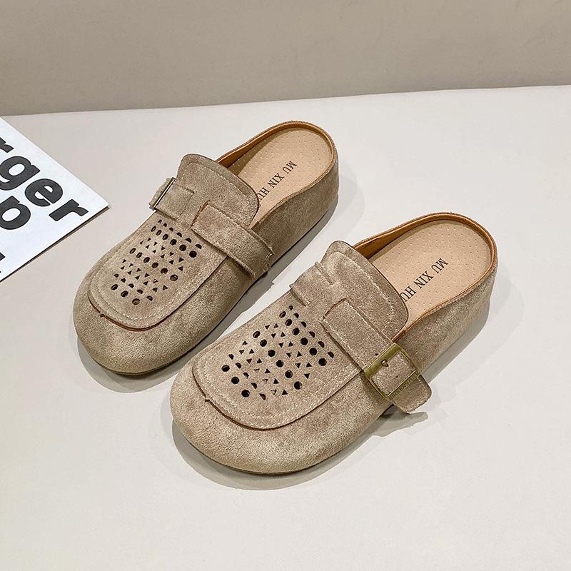 

2025 new flat heel non-slip middle-aged mother bag head slippers imitation leather middle heel breathable hole shoes outer wear women s drag 35