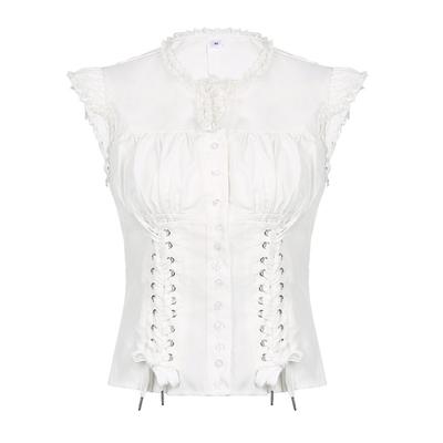 Temperament Waist-tie Shirt, Summer Palace Style Lace-breasted, Slightly Pleated, Solid Color Sexy Top for Women