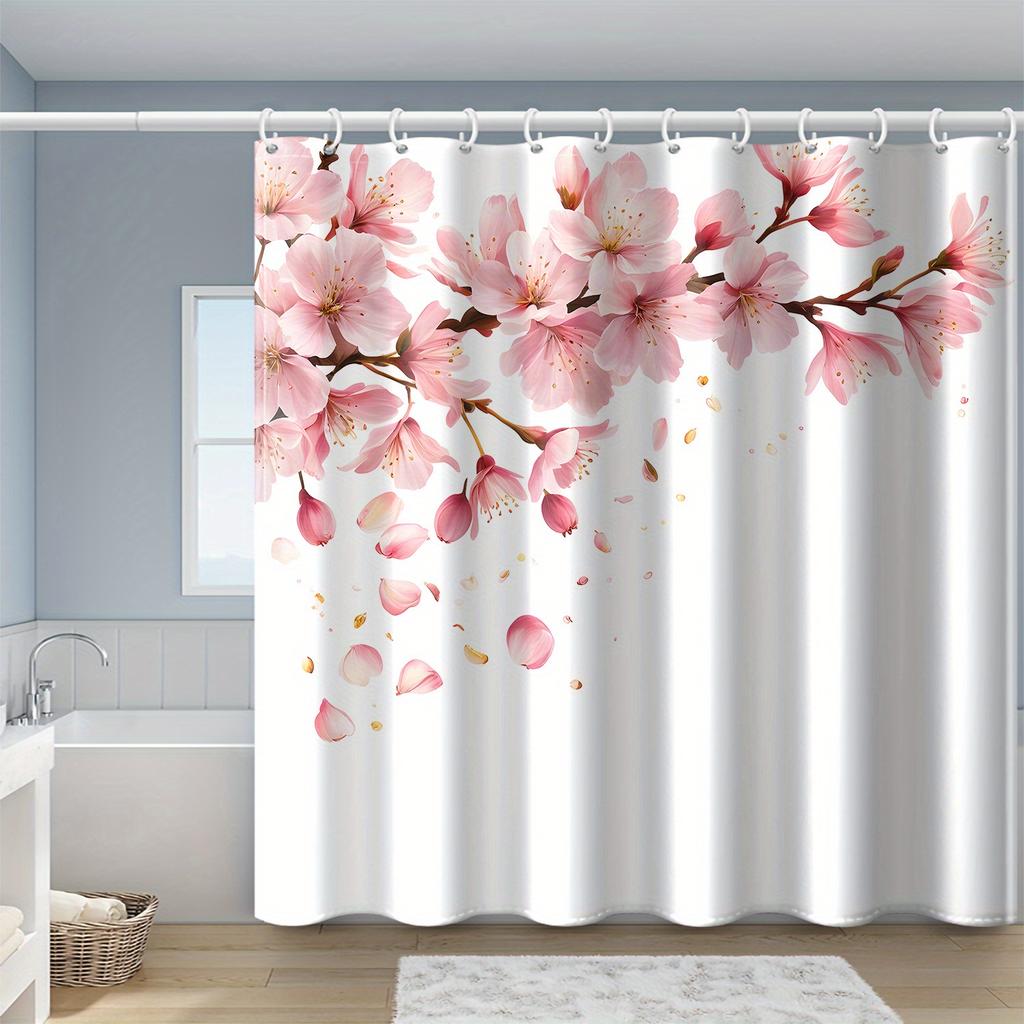 1pc White Background Flower Branch Pattern Printed Shower Curtain, Polyester Fabric with Hooks, Simple Style Window and Wall Bat