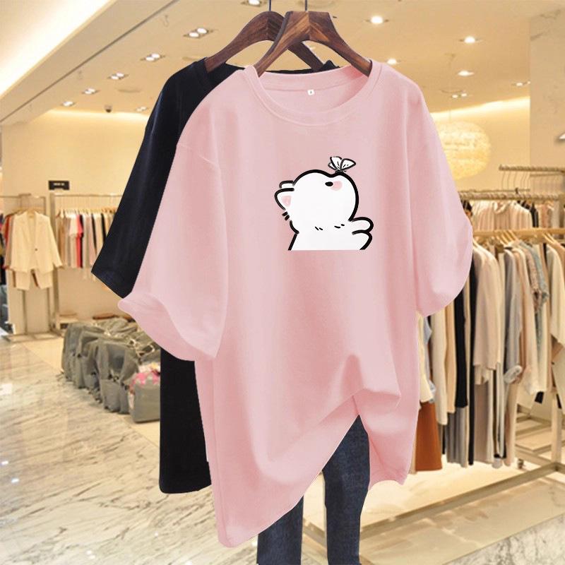 Women's Korean Style Cartoon Cotton T-Shirt, Summer 2026, Mid-Length, Age-Reducing, Half Sleeve