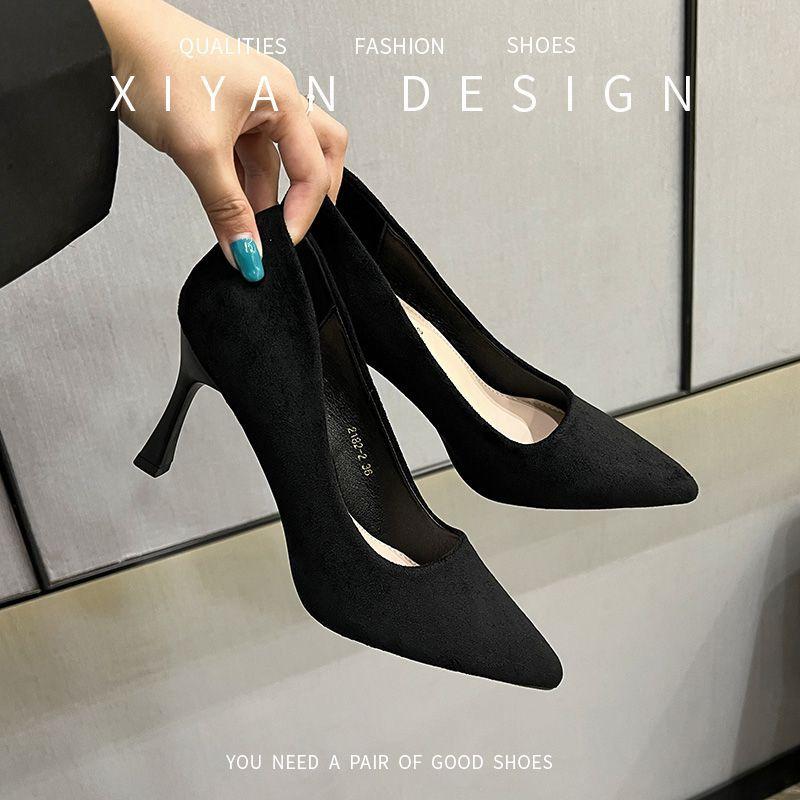 

High heels women s 2025 new suede black sexy versatile student etiquette uniform stiletto professional work shoes 34