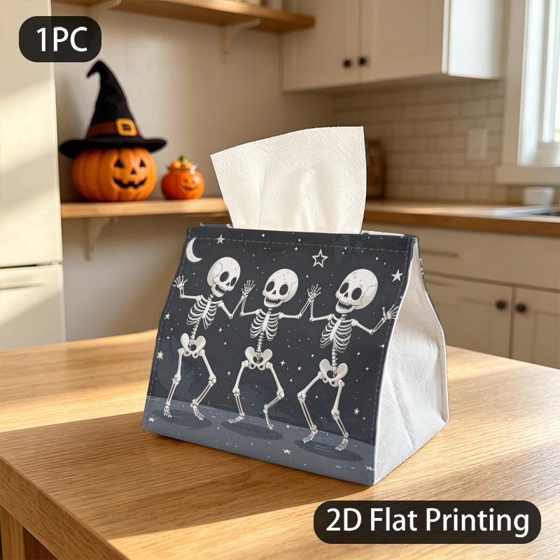 1pc Dancing Skeletons Tissue Box Holder - Cartoon Suitable for Halloween, Joyful Night Pattern with Dancing Skeletons, Polyester Tissue Container, Din