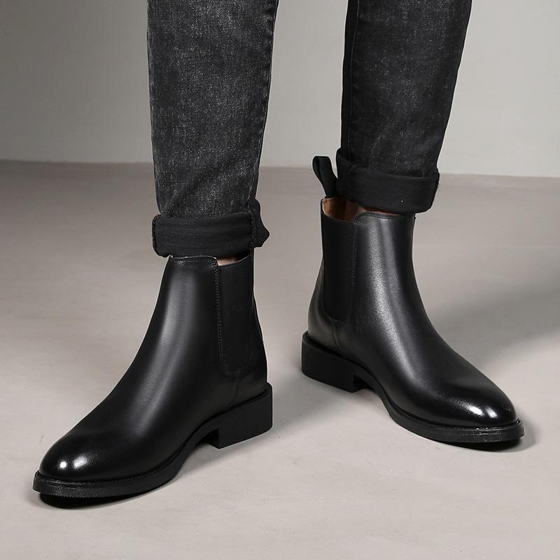 Fashion Men's Chelsea Boots British Style Short Boots Classic Business Leather Boot Plush Warm Winter Boots for Men Casual Leather Botas