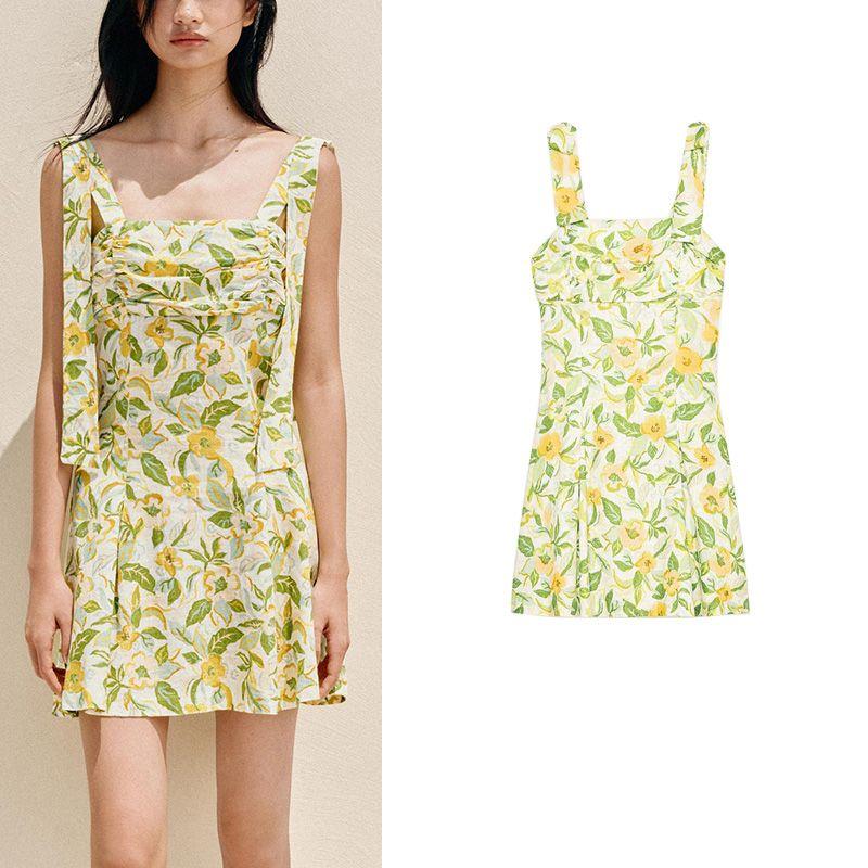 Summer New Product Women's Clothes Pleated Decoration Print Sleeveless round Neck Girly Style Short Dress 8351037