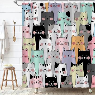 Cortina de Ducha de Gato, Cortinas de Ducha de Gato Coloridas y Lindas para Baño, Modernas Divertidas para Adultos Cortina de Ducha de Gato Anime Impermeable