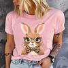 Women's Polyester 100% Cute rabbit Print Base T-shirt Loose round Neck Casual Short Sleeve Fashion Top Wholesale Clothing Summer