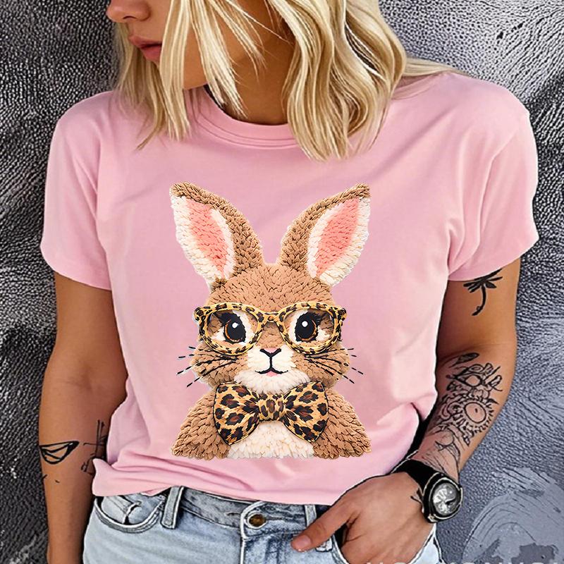 Women's Polyester 100% Cute rabbit Print Base T-shirt Loose round Neck Casual Short Sleeve Fashion Top Wholesale Clothing Summer