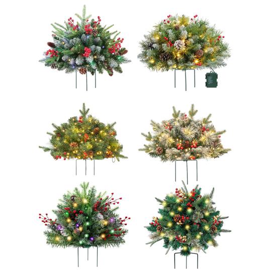 Pre-lit Christmas Tree Urn Filler Battery Operated Artificial Xmas Tree with Cones Berries Holiday Porch Planter Filler with Tripod Stake And LED