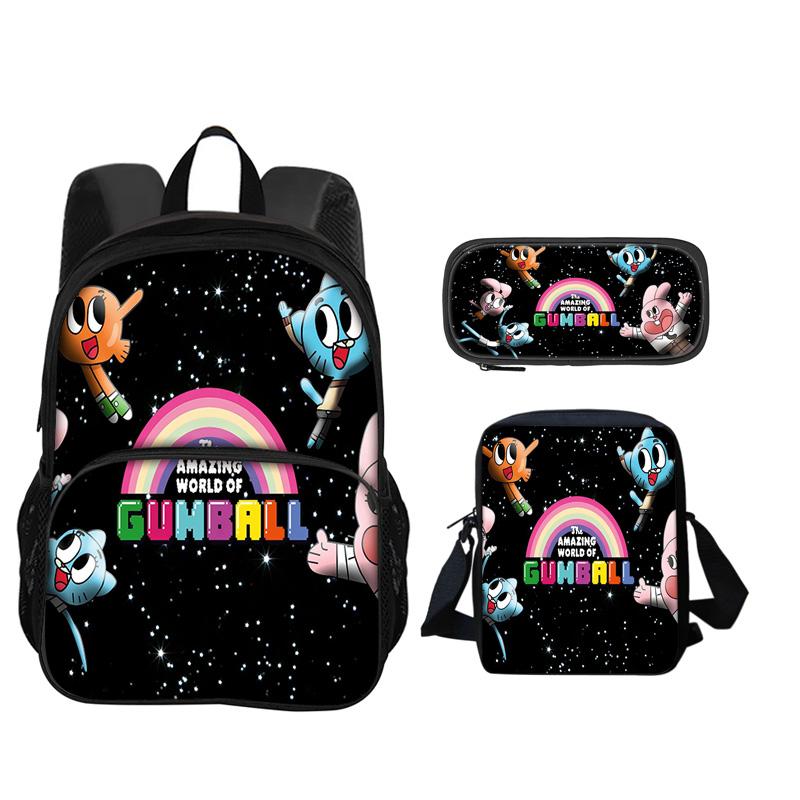 The Amazing World of Gumball Round Front Bag Backpack Pen Bag Shoulder Bag 3Pcs Set Cartoon Anime Printed Student Boys and Girls