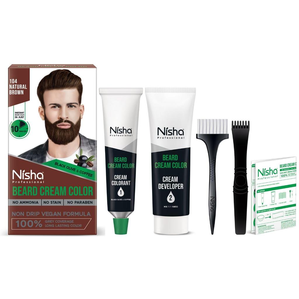Nisha Beard Colour For Men Natural Brown 100% Grey Coverage Non-Drip Vegan 60g + 60g Kit