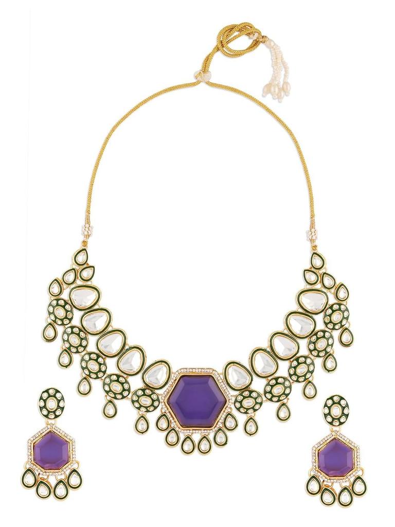 Purple Stone Green Meenakari Austrian Diamonds Necklace & Earring Set For Women