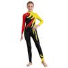 Salopetă de gimnastică pentru fete, cu blocuri de culoare, gât fals, mâneci lungi, body cu strasuri strălucitoare, leotard pentru tot corpul