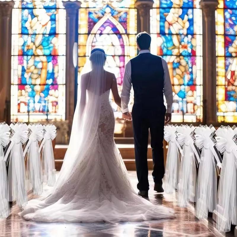 1/4pcs Large White Wedding Bow with Long Tulle Tails for Church Aisle Chair Wedding Car Decoration Festival Party Decor Supplies