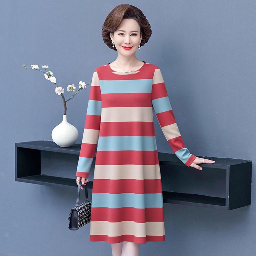 2026 New Women's Mid-Length Striped Slimming Dress - Long Sleeve, Round Neck, Age-Defying - Perfect for Middle-Aged & Elderly