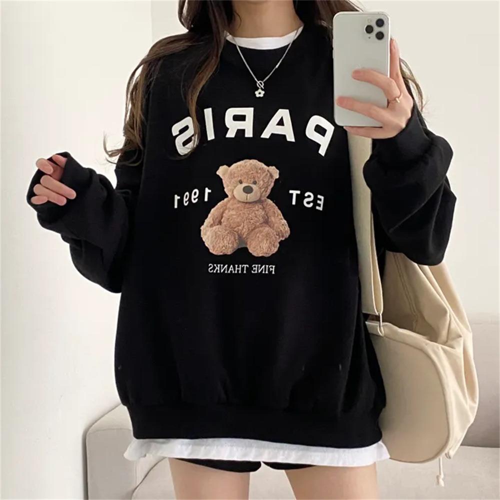 Women's Crew Neck Long Sleeve Sweatshirt Oversized Bear Letter Print Loose Casual Pullover For Spring Autumn Winter