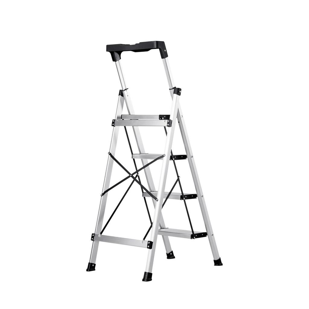 4 Step Ladder, Folding Step Stool with Wide Anti-Slip Pedal and Comfort Handgrip, 150 kg Capacity Portable Aluminum Stepladder, Multi-Use for Kitchen,