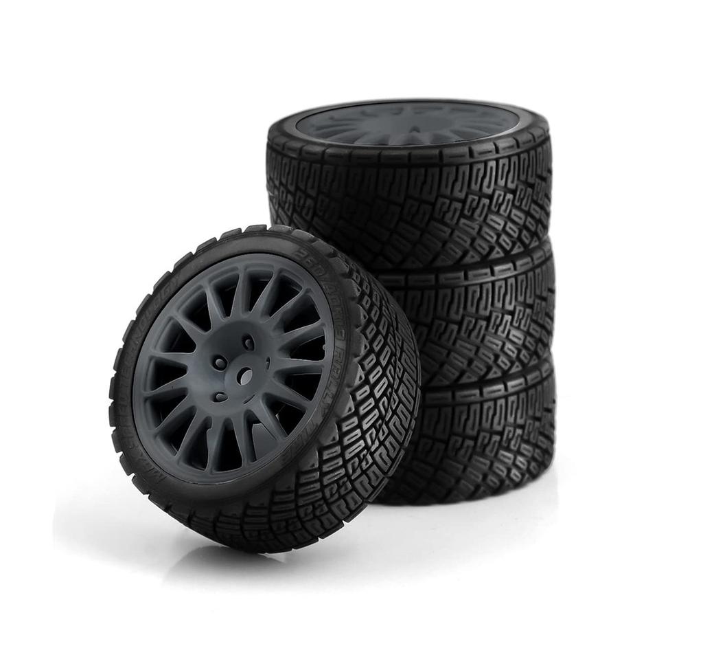 SHEAWA 110 RC Car Run-Flat Tires and Wheel Rims (4-Piece Set) - Compatible with Kyosho, Tamiya, and Other 110 Scale RC Cars (Gray)