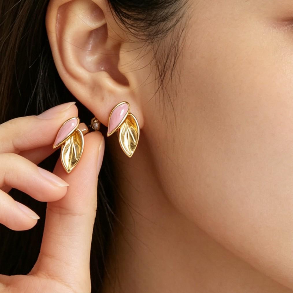 18K Gold Stainless Steel Leaf Drip Oil Stud Earrings - Pastoral Forest Style Jewelry for Women