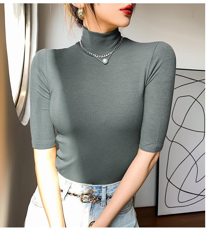 Elastic Slim Cotton Turtleneck T Shirts For Women Casual Short Sleeve Tee