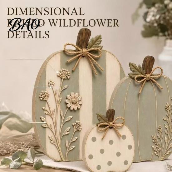 Solid Wood Pumpkin Set 3Pcs Wildflower Figurines, Farmhouse Fall Tabletop Decor, Rustic Pumpkins with Harvest Table Centerpieces Embossed Floral, Jute