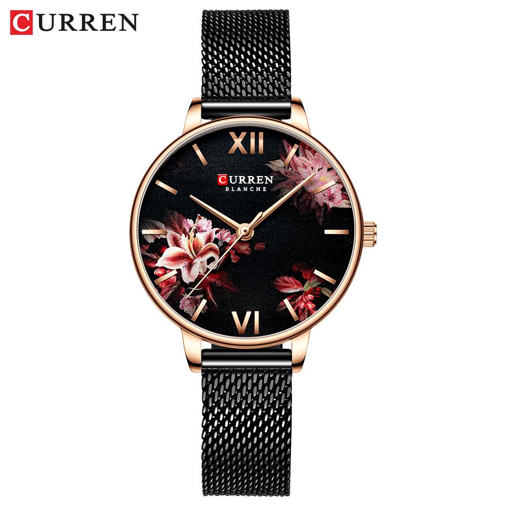 CURREN Frauen Uhren CURREN Schwarz Uhr Edelstahl Mesh Quarz Armbanduhr Weibliche Casual Charme Uhr für Damen Relogios feminino