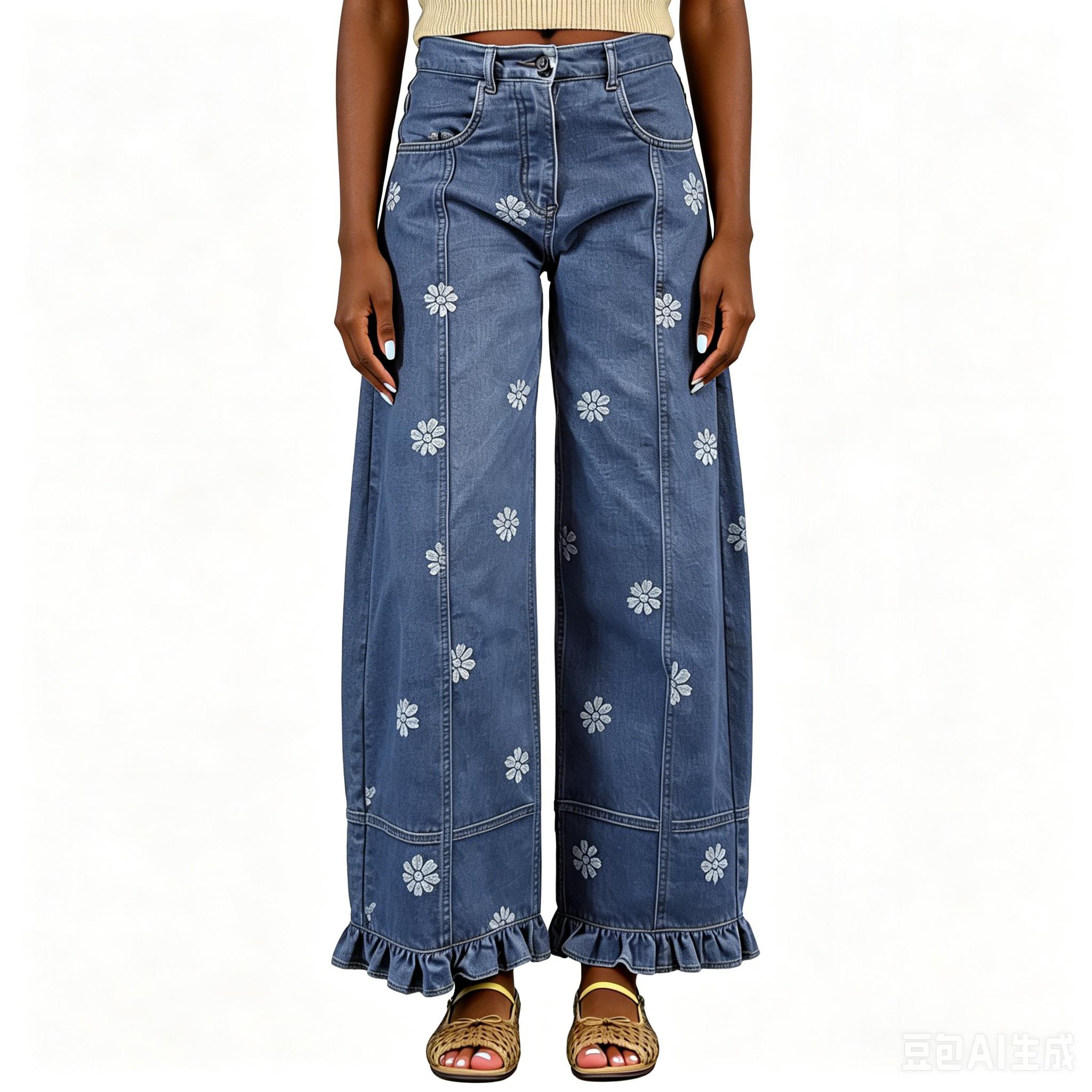 Women Floral Print Patchwork Loose Fit Distressed Wide Leg Denim Pants Casual Everyday Wear High Waist Full Length Trousers M