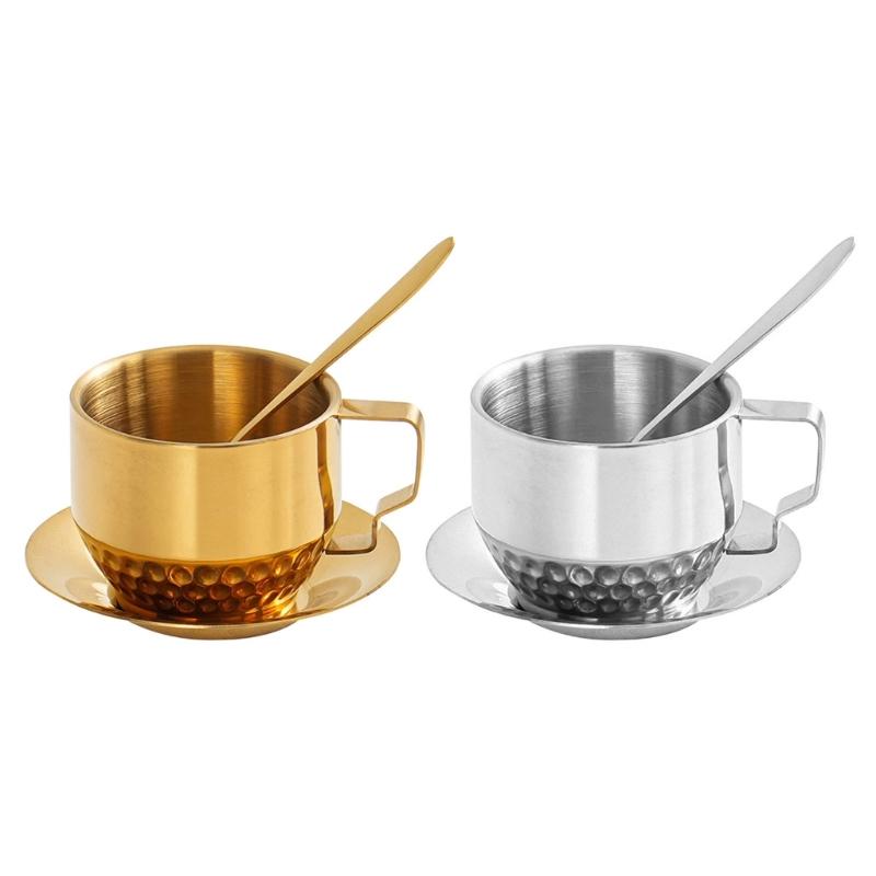 Stainless Steels Insulated Coffee Cups with Spoon and Saucer Double Walled Coffee Mugs Drinking Cups Drinkware Enduring