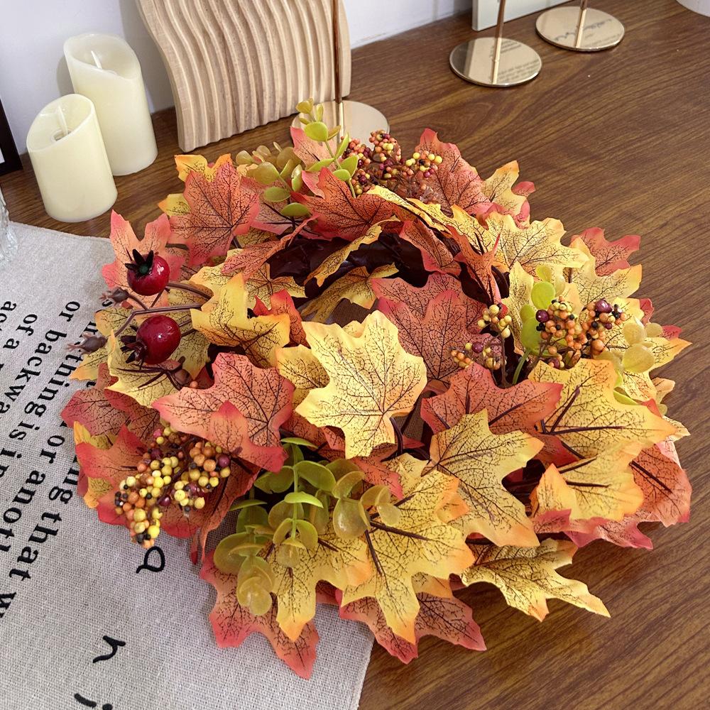 Simulation Christmas Wreath, Autumn Maple Leaf Pomegranate Berry Decorative Wreath Harvest Festival Home Window Ornament