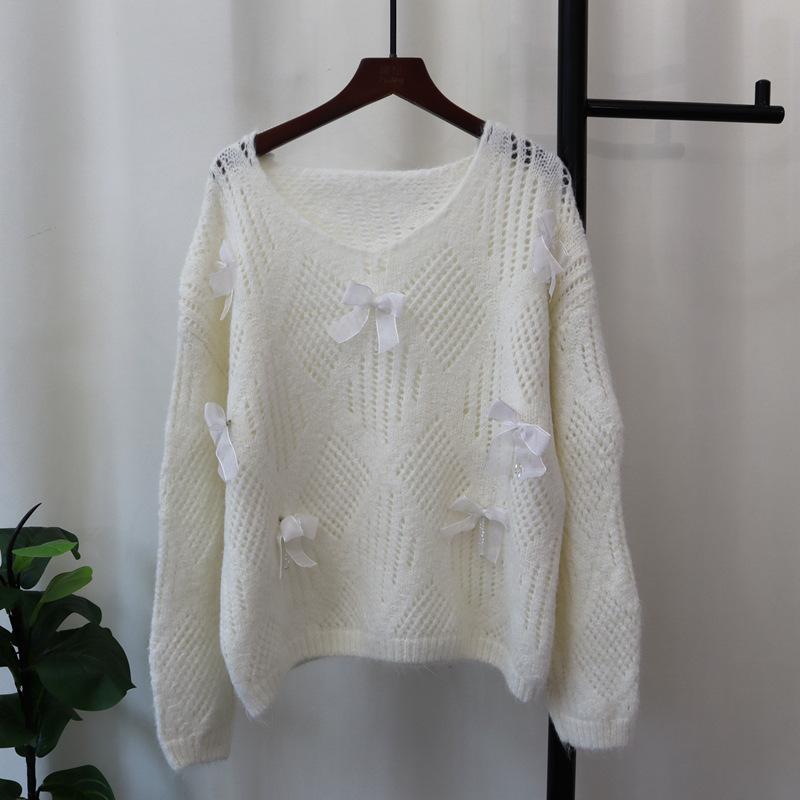 Hollow bow sweater pullover autumn and winter new loose design sweet knitted sweater top women