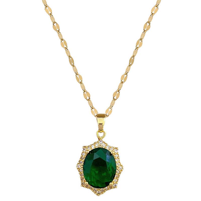 Retro High-End Oval Emerald Zirconia Necklace & Earrings Set for Women