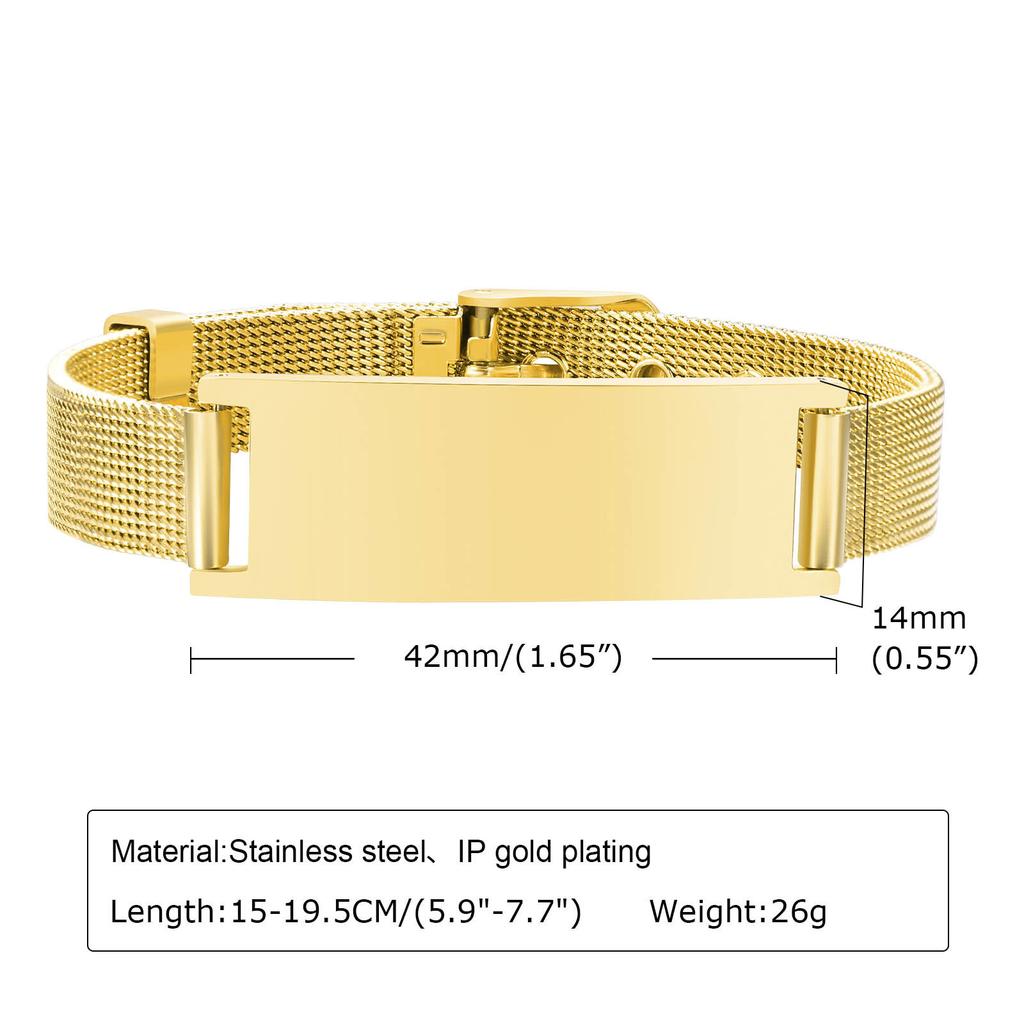 Personalized ID Bracelet for Women Men, Adjustable Chain Link, Milanese Watch Strap Stainless Steel Gold Plated