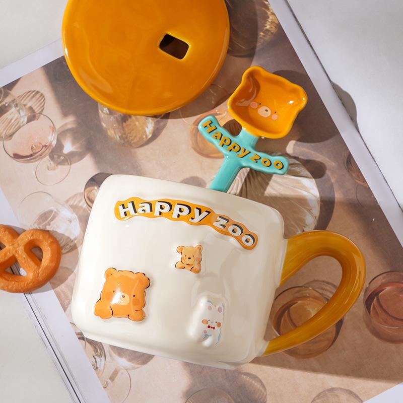 Home Suit Student Simple Ins Style Ceramic Cup Cartoon with Cover Spoon Couple Mug High Temperature Resistant Water Cup
