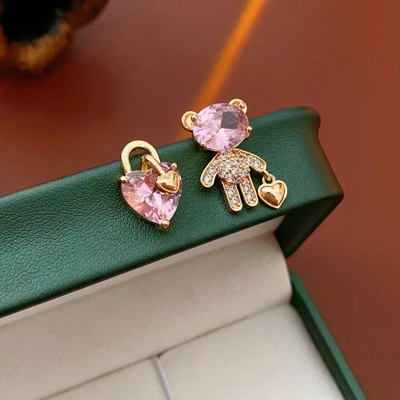 Zinc Alloy Zinc Alloy Needle Zircon Bear Love Earrings for Women High-end Asymmetric Stud Earring Fashionable Versatile Sweet Zircon