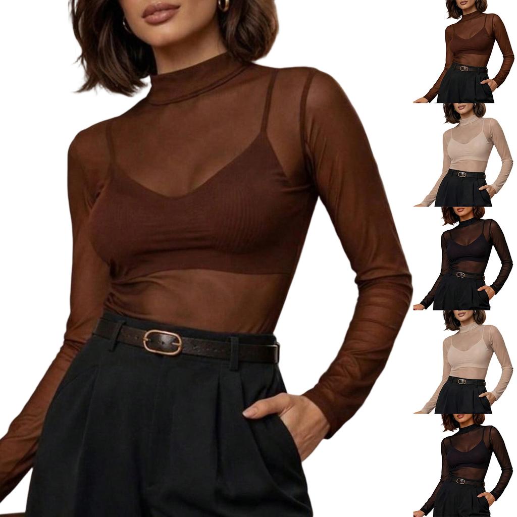 Women's Sheer Mesh Mock Neck T-Shirt Slim Fit Base Layer Top for and Daily Wear
