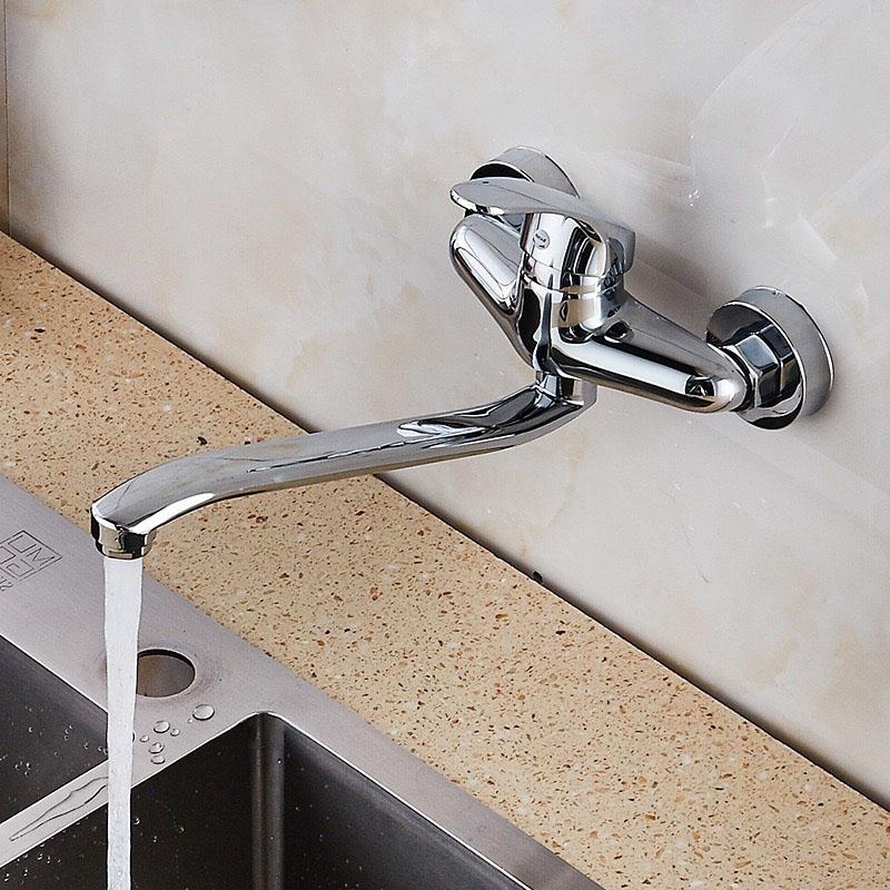 Wall-Mounted Double Holes Basin Faucet Cold Water Mixer Tap Single Handle Wash Chrome Finish Bathroom Mixer Taps