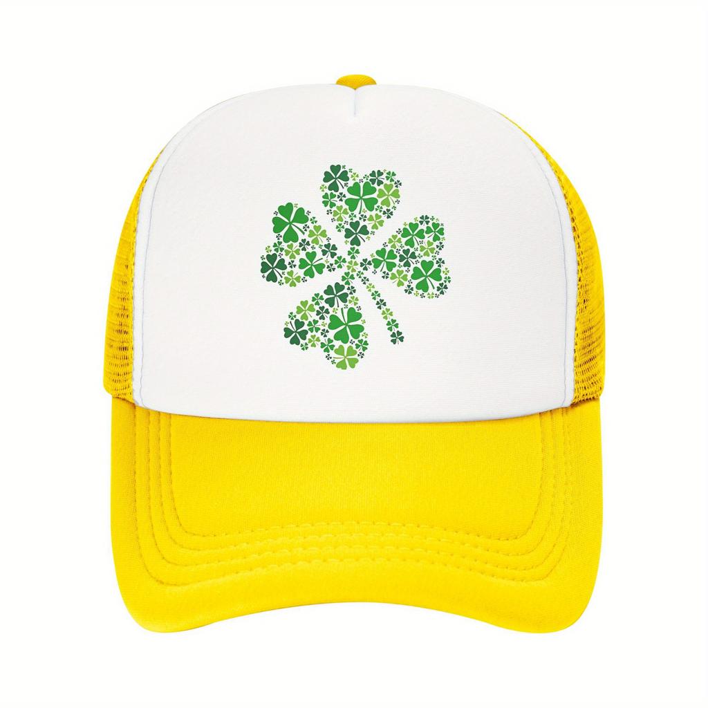 Four Leaf Clover Trucker Hat Breathable Mesh Baseball Cap Green Print Casual Adjustable Unisex Adult