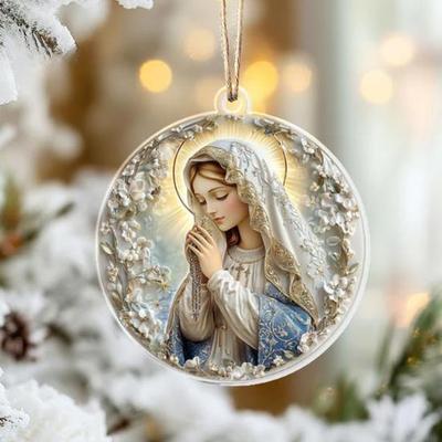 1 Stück Acryl-Ornament Jungfrau Maria mit Lanyard für Zuhause, Büro, Innenbereich, Weihnachtsbaum-Hänger, 2D Flach, Marien-Dekoration, Rund, Katholisch